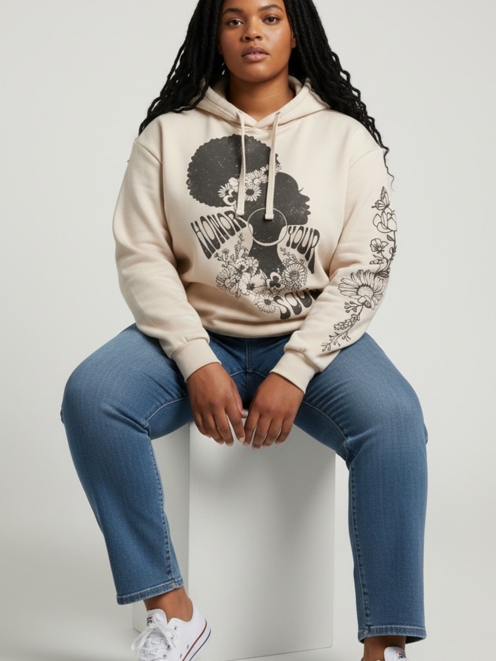 Cream Graphic Hoodie with Floral Silhouette - Women